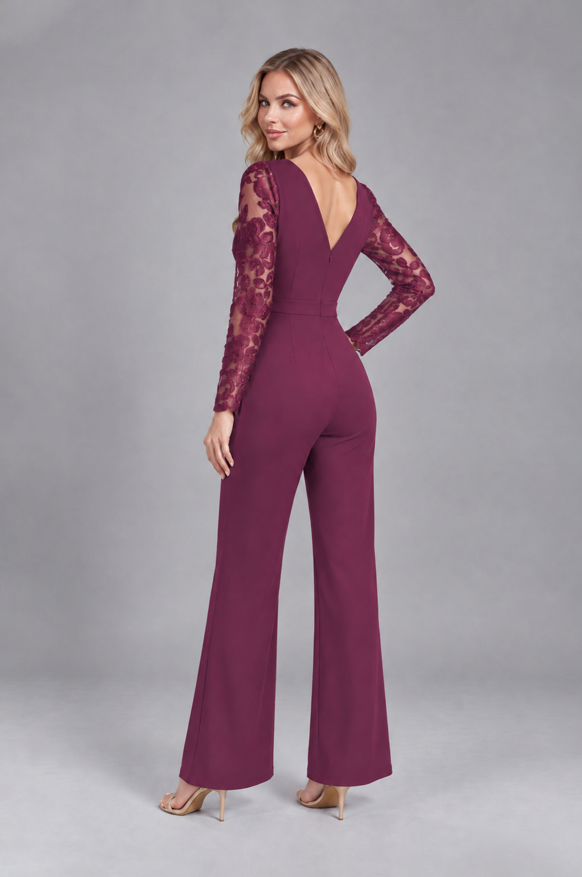 BOLODOO Plum Lace Long-Sleeve V-Neck Mother Pant Suit - Plum - Plum_2