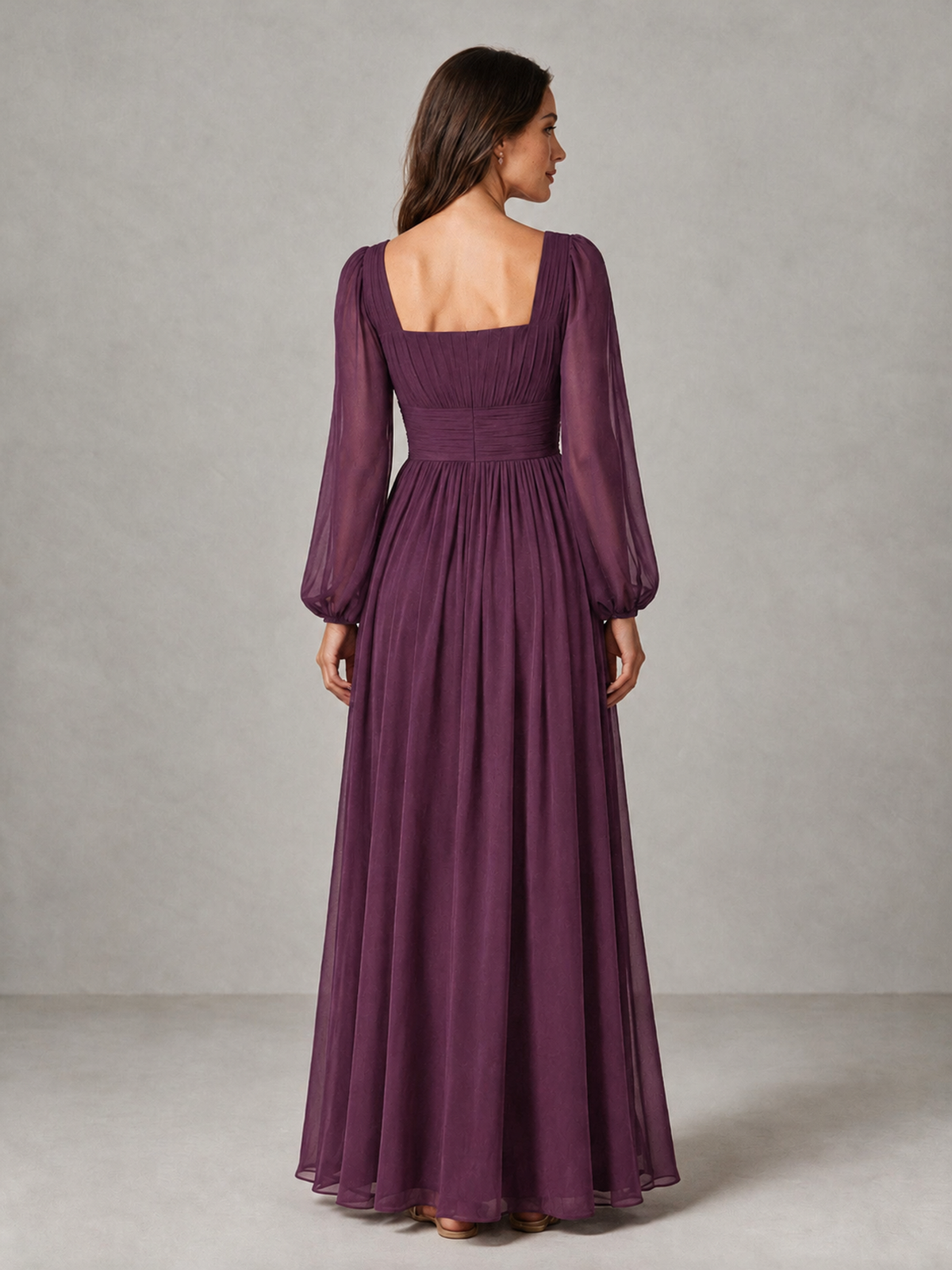 BOLODOO Plum Square Neck Long Sleeve Chiffon Bridesmaid Dress - Plum - Plum_2