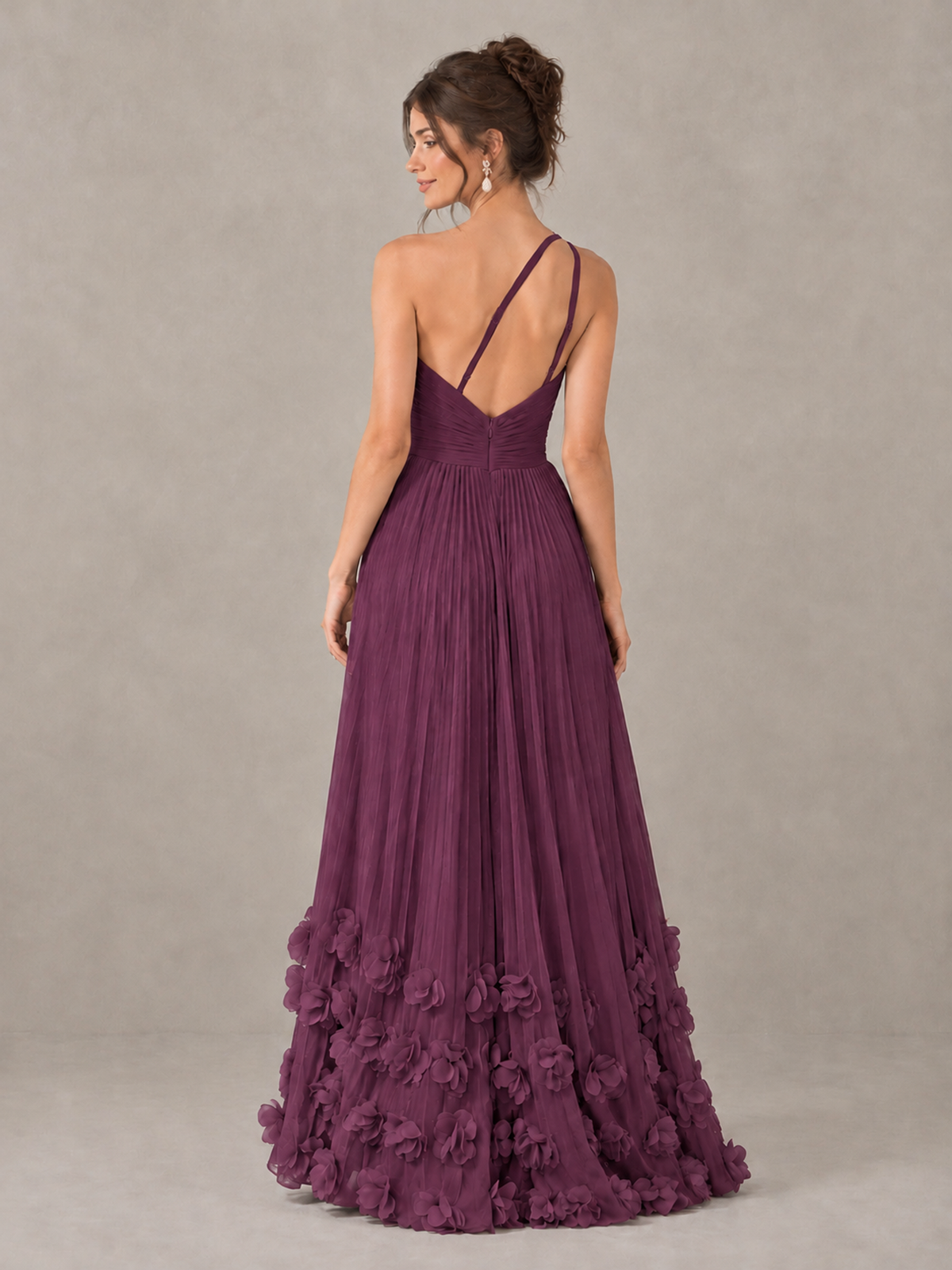 BOLODOO Plum One-Shoulder Pleated Bridesmaid Dress with 3D Floral Hem - Plum - Plum_2