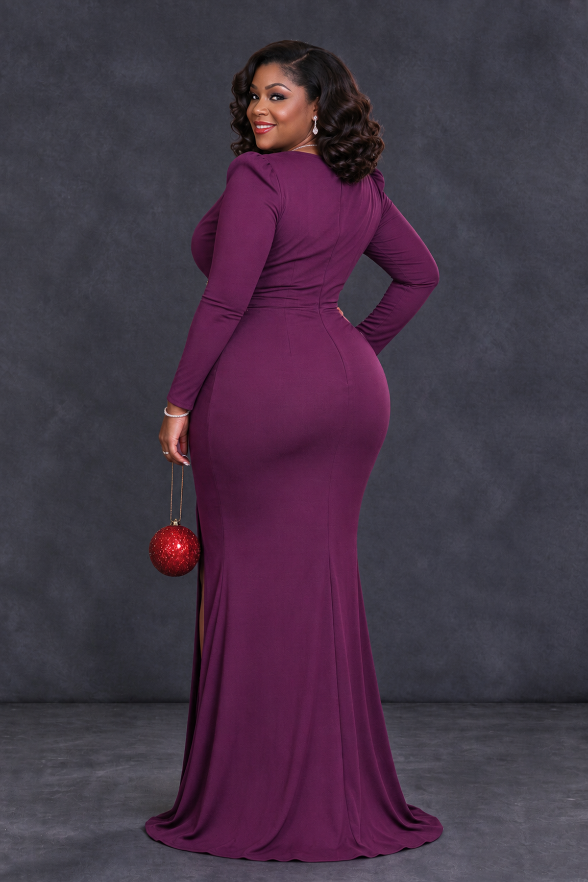 BOLODOO Plum Plus Size Long Sleeve V-Neck Mother of the Bride Dress with Slit - Plum - Plum_2