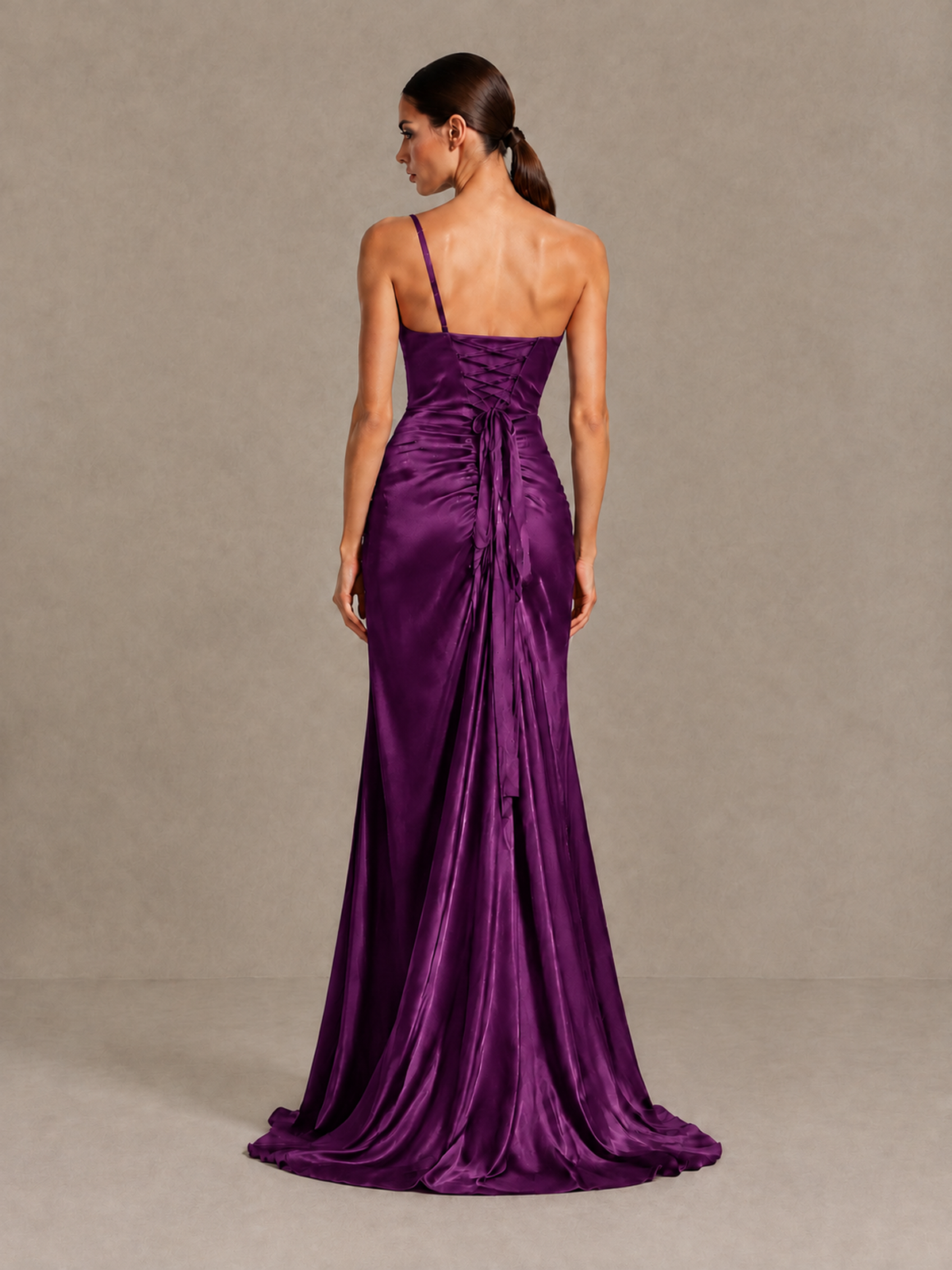 BOLODOO Plum One Shoulder Satin Evening Gown with High Slit and Sweep Train - Plum - Plum_2
