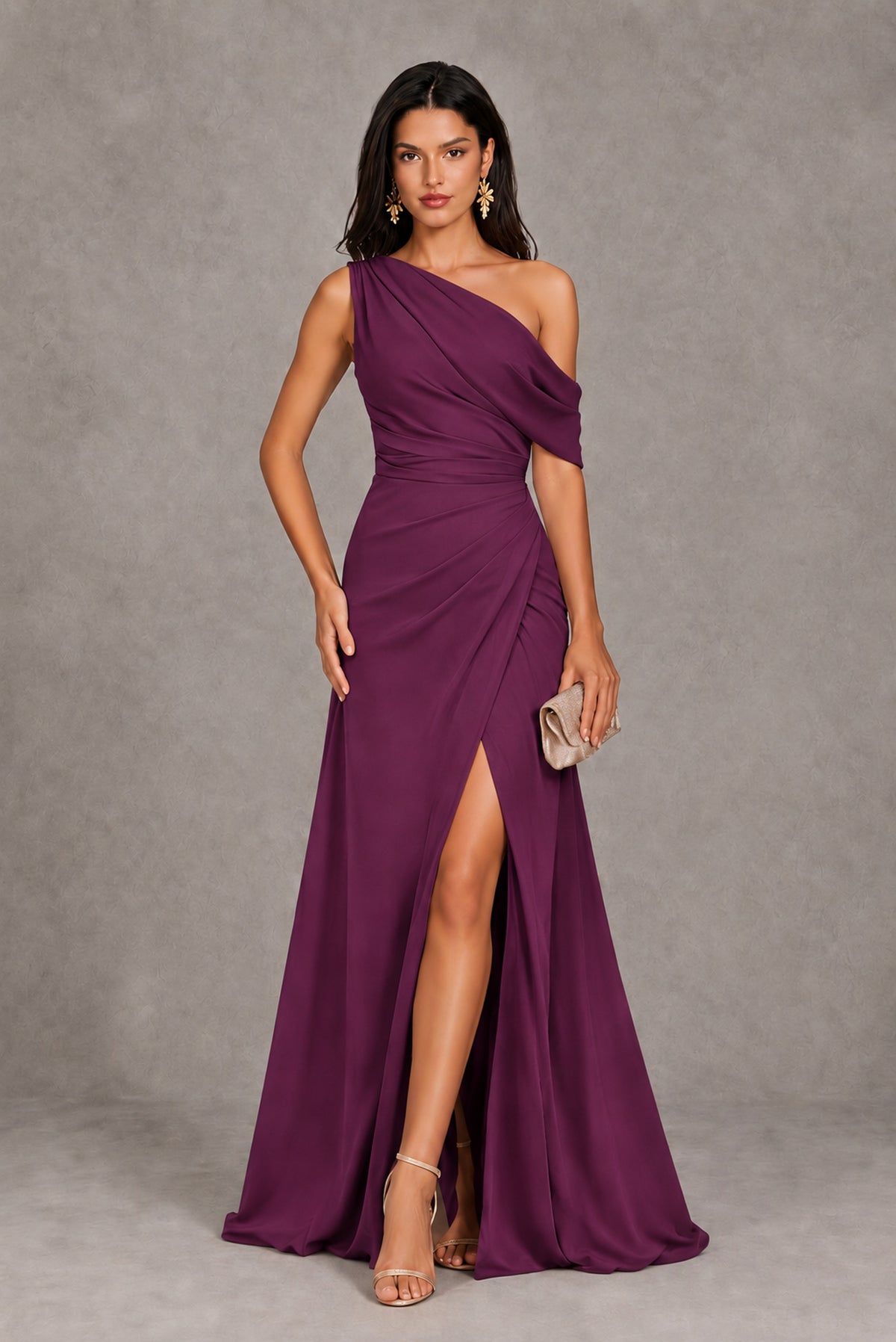 Plum One-Shoulder Floor-Length Evening Gown with High Slit - Plum