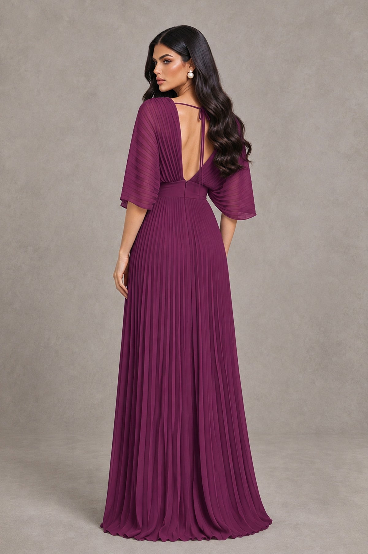 BOLODOO Plum V-Neck Pleated Flutter Sleeve Formal Dress - Plum - Plum_2
