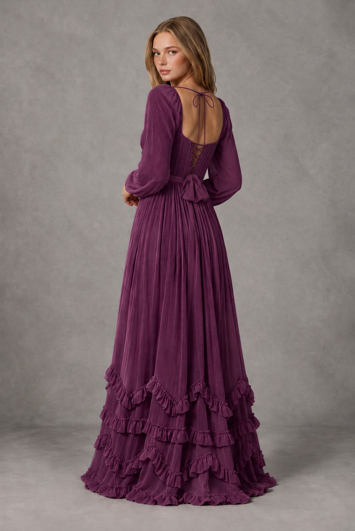Plum Long-Sleeve Ruffle Maxi Dress with Lace-Up Back and Slit - Plum
