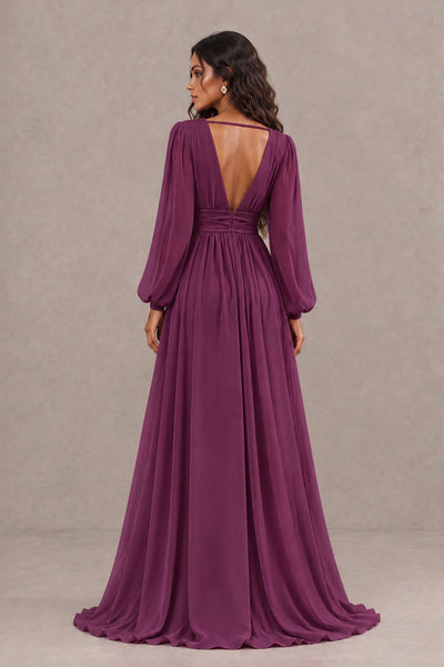 BOLODOO Plum Long Sleeve V-Neck A-Line Gown with Open Back & Slit - Plum - Plum_2