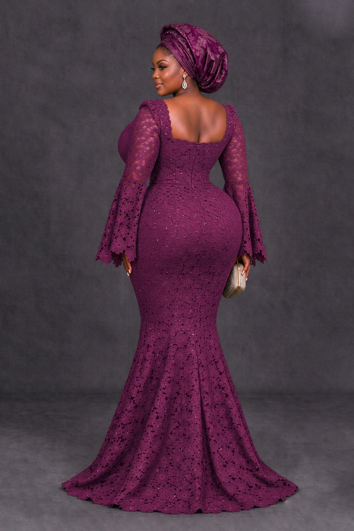 BOLODOO Plum African Lace Mermaid Dress, Plus Size Nigerian Wedding Guest Gown with Bell Sleeves - Plum - Plum_2