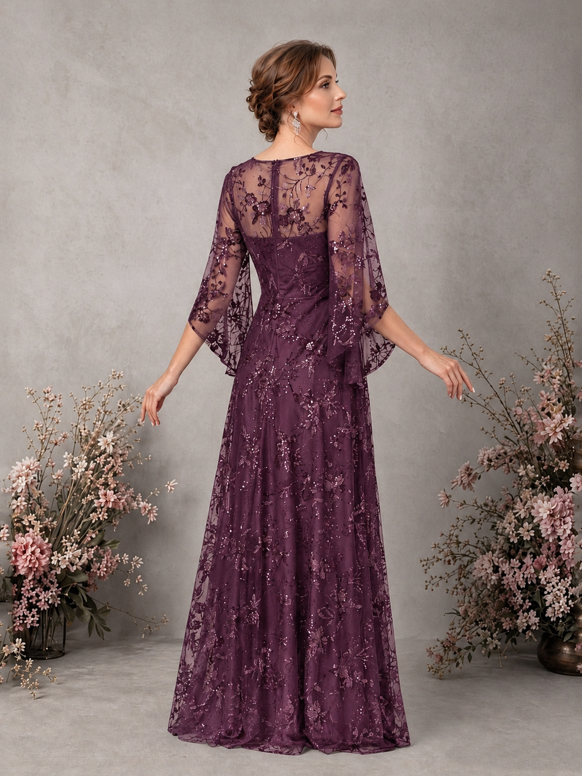 BOLODOO Plum Sequin Lace Cape Sleeve Formal Evening Gown - Plum - Plum_2