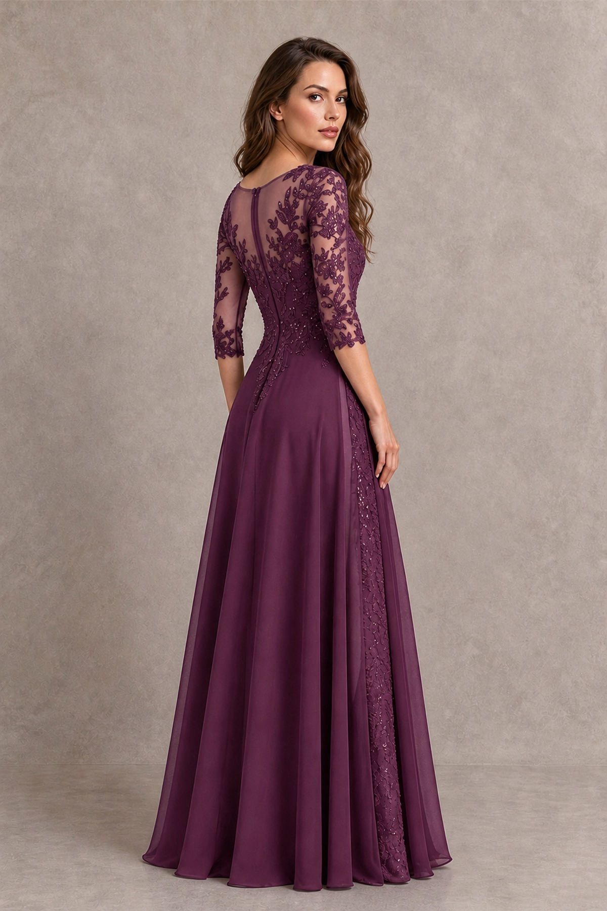 BOLODOO Midnight Plum Beaded Lace Appliqué Chiffon A-Line Gown | Mother of the Bride & Formal Evening Dress - Plum - Plum_2