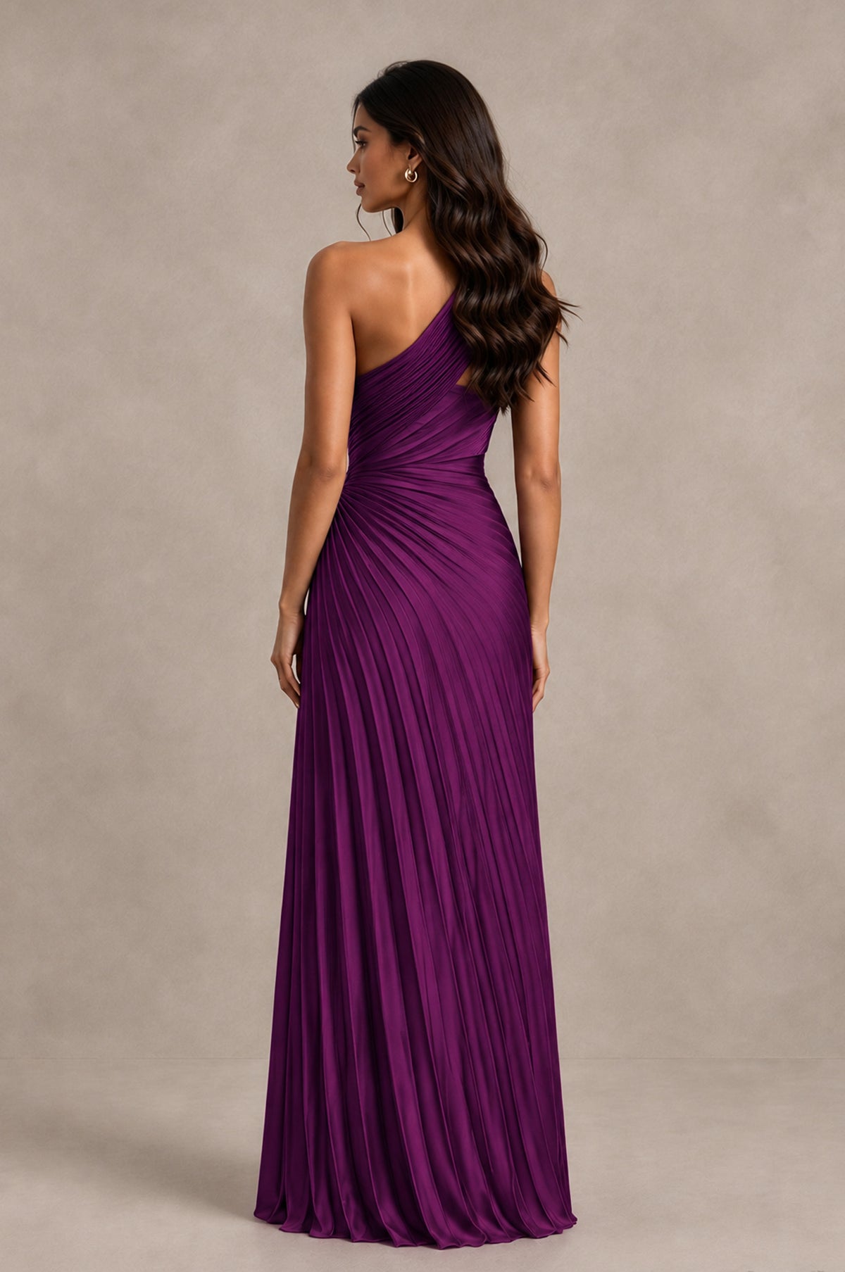 BOLODOO Plum One Shoulder Pleated Evening Dress with Ruched Waist and High Slit - Plum - Plum_2