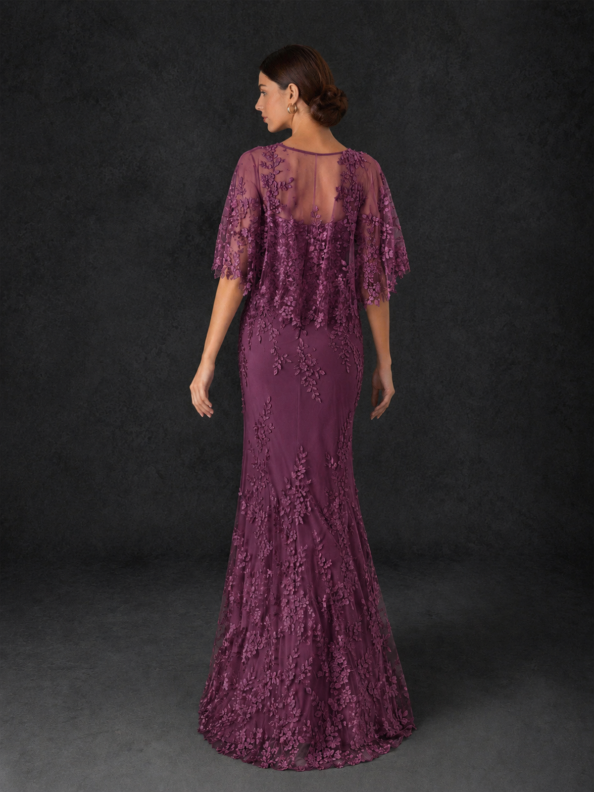 BOLODOO Mocha Rose Botanical Lace Flutter Sleeve Mermaid Gown - Plum - Plum