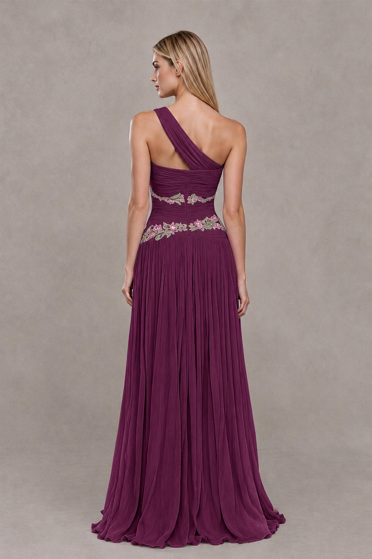 BOLODOO Plum One-Shoulder Floral Applique A-Line Evening Dress - Plum - Plum_2
