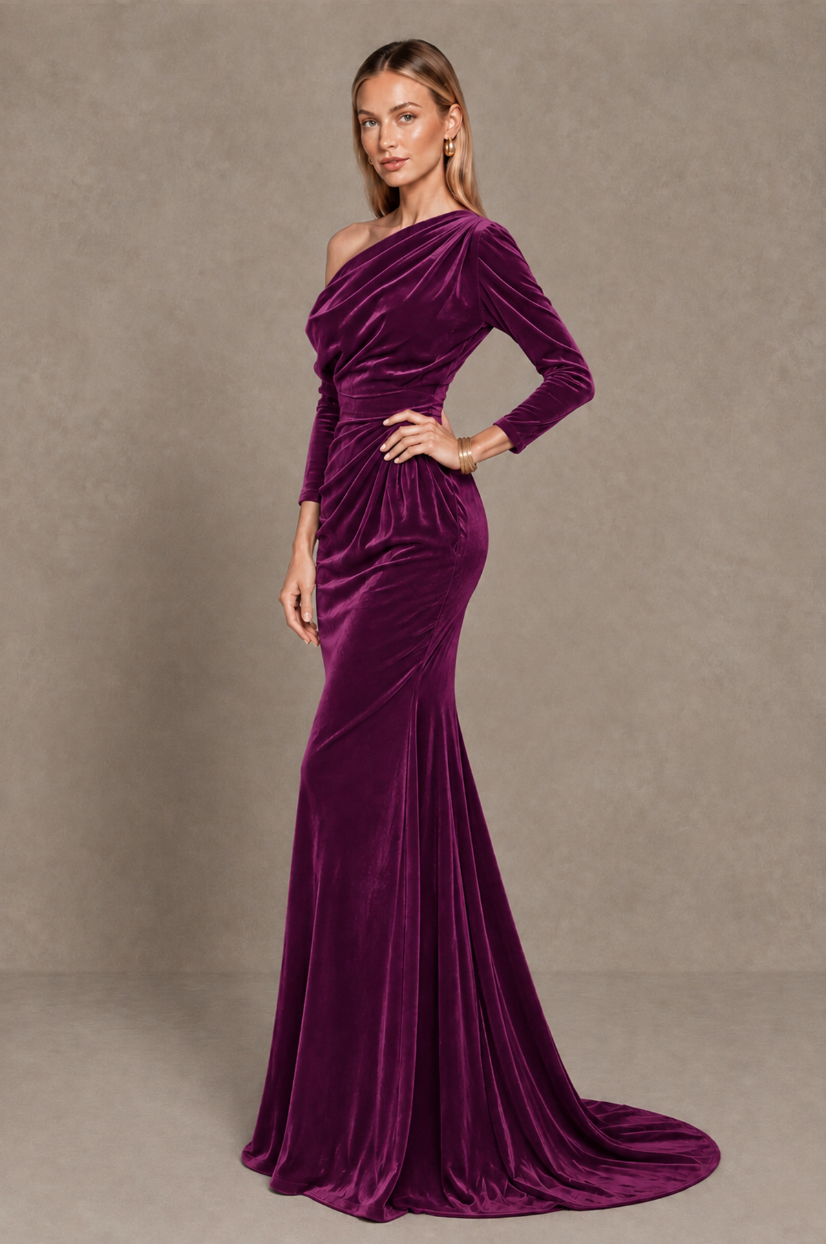 BOLODOO Plum Velvet Asymmetric Neck Mermaid Evening Dress - Plum - Plum_2