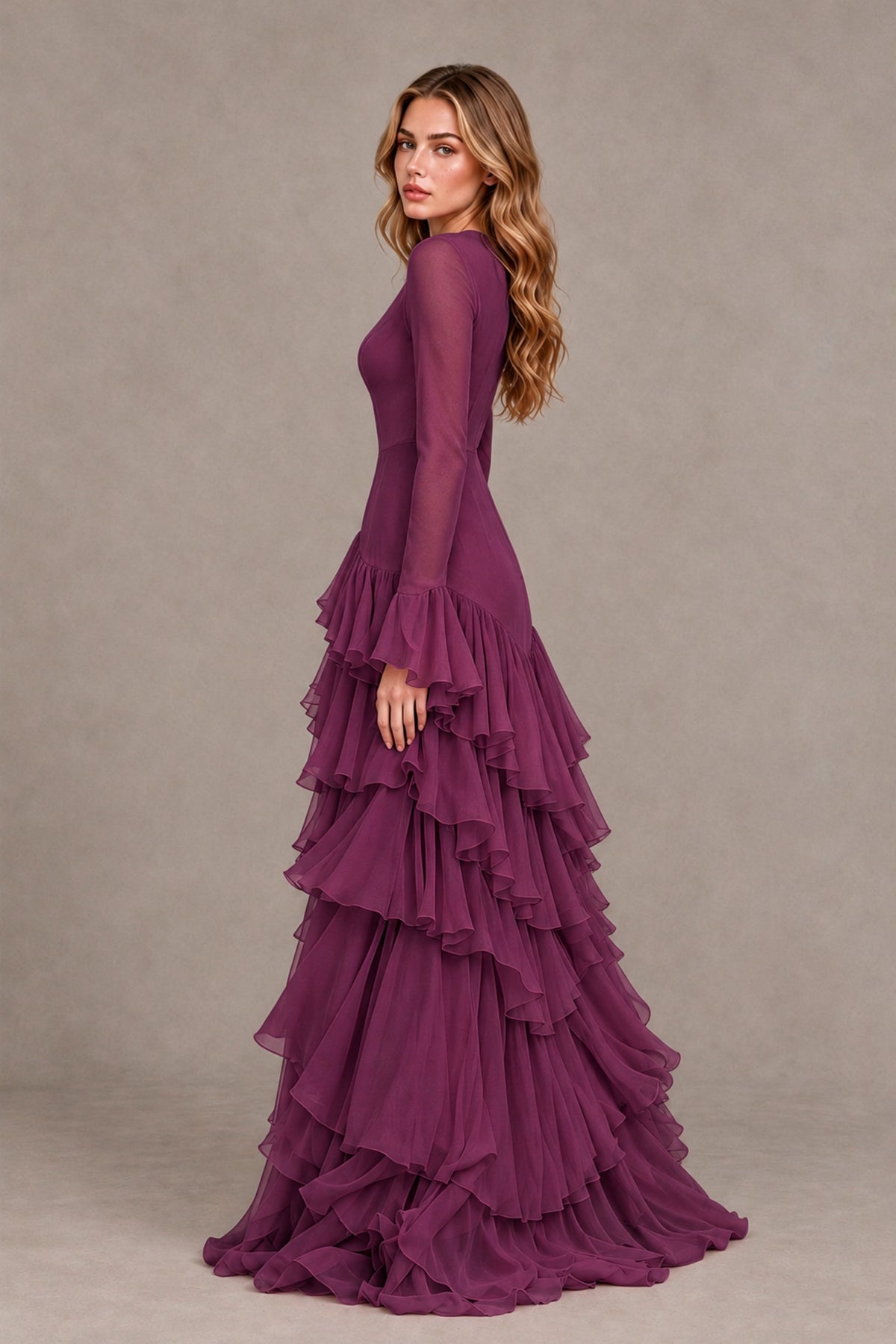 Plum Long Sleeve Tiered Ruffle Evening Gown - Plum - Plum_2