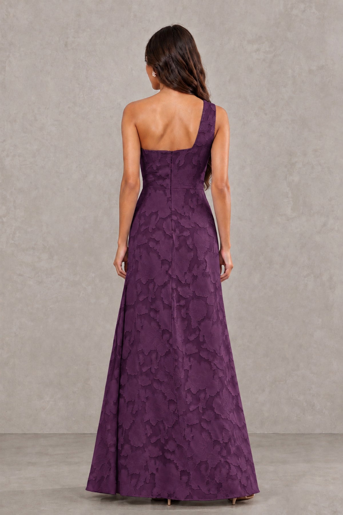 BOLODOO Plum One-Shoulder Floral Textured Maxi Dress with High Slit - Plum - Plum_2