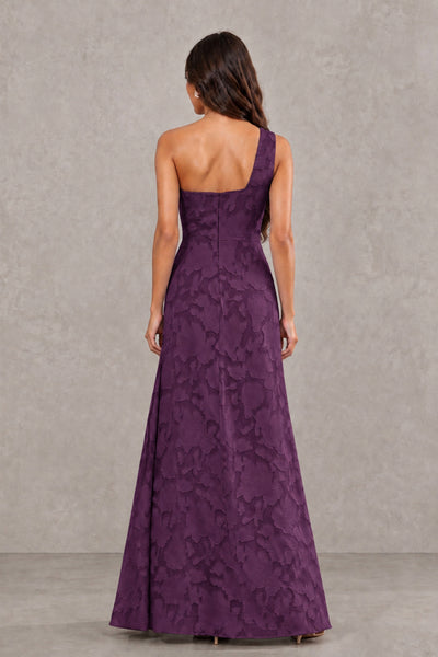 BOLODOO Plum One-Shoulder Floral Textured Maxi Dress with High Slit - Plum - Plum_2