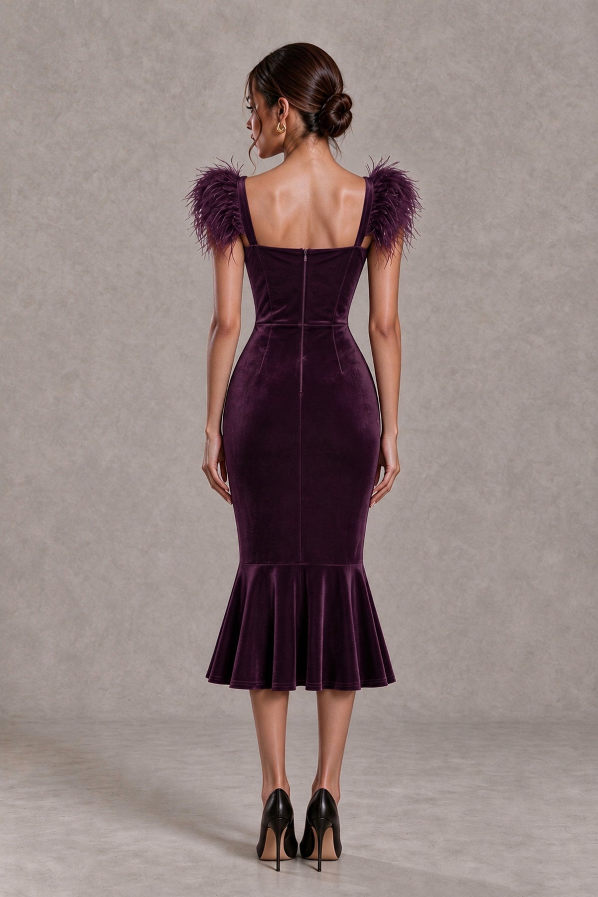 BOLODOO Plum Feather-Trim Velvet-Look Mermaid Midi Dress - Plum - Plum_2