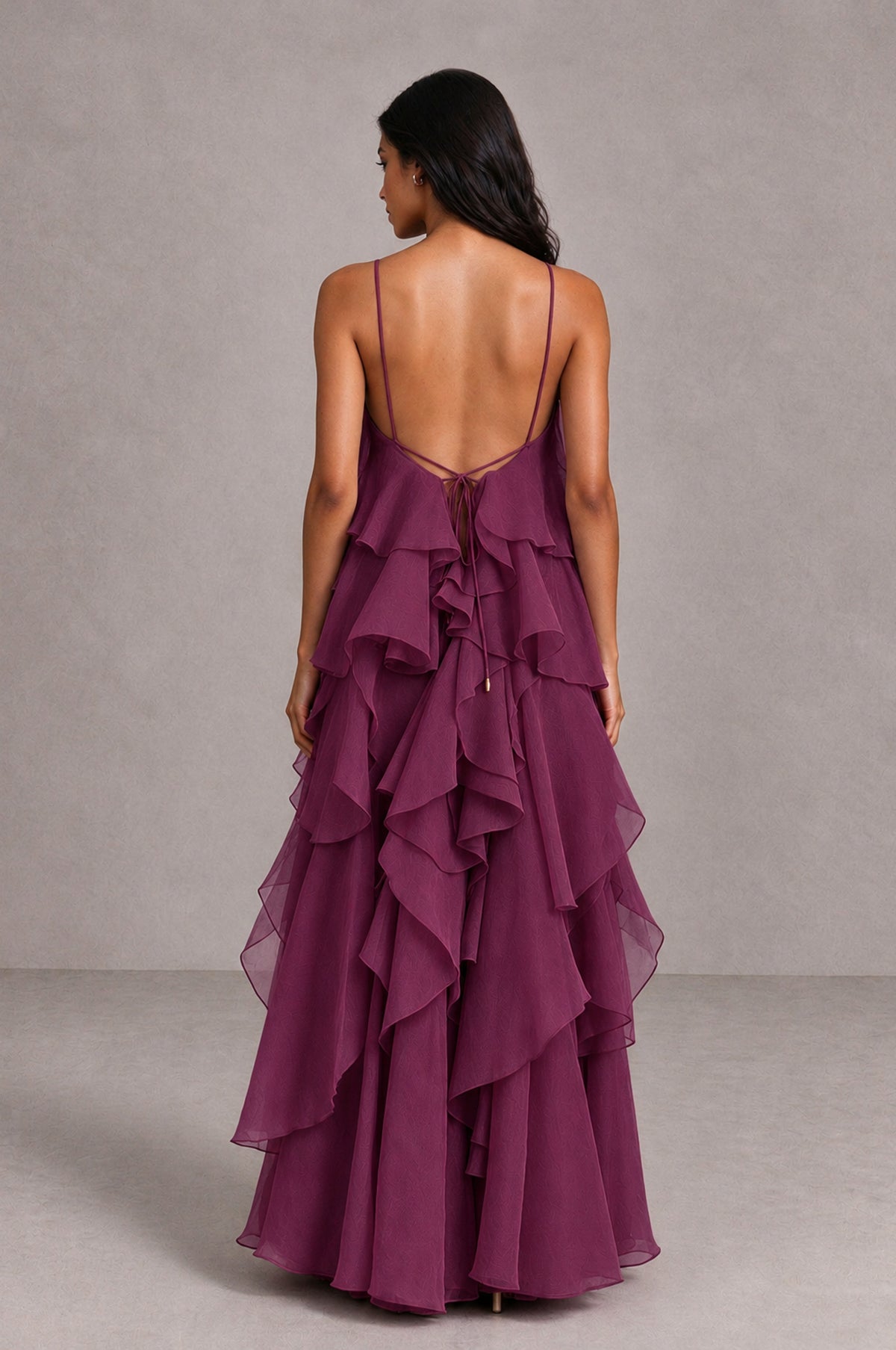 BOLODOO Plum Cascading Ruffle Rosette Open-Back Maxi Dress - Plum - Plum_2