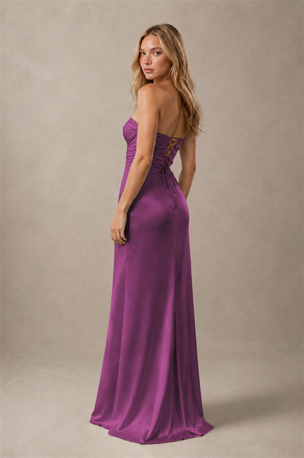 BOLODOO Plum Sweetheart Strapless Twist Knot Cutout Lace-Up Back Satin Mermaid Maxi Dress - Plum - Plum(2)