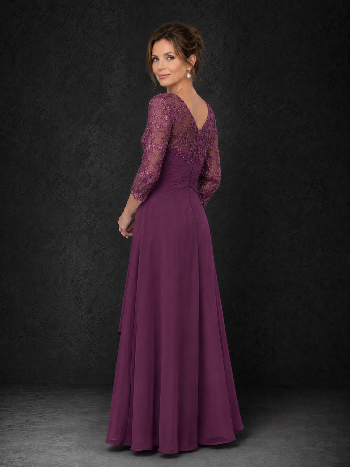 BOLODOO Plum Sequin Lace & Chiffon Tea-Length Mother of the Bride Dress with 3/4 Sleeves - Plum