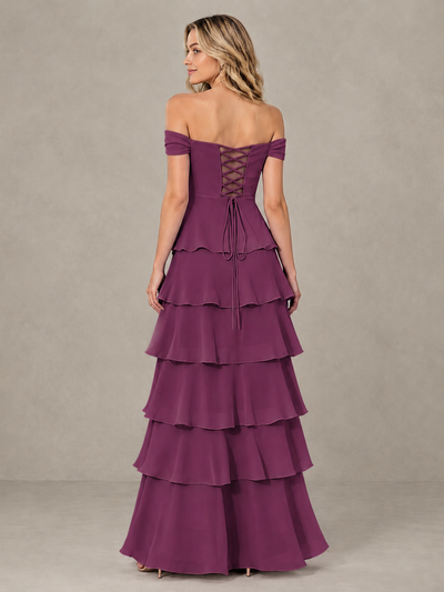 BOLODOO Plum Off-Shoulder Tiered Ruffle Bridesmaid Dress with Lace-Up Back - Plum - Plum_2