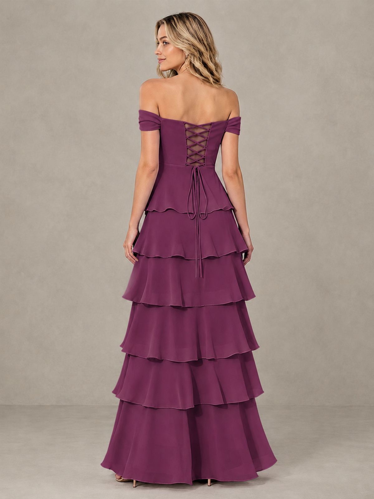 BOLODOO Plum Off-Shoulder Tiered Ruffle Bridesmaid Dress with Lace-Up Back - Plum - Plum_2