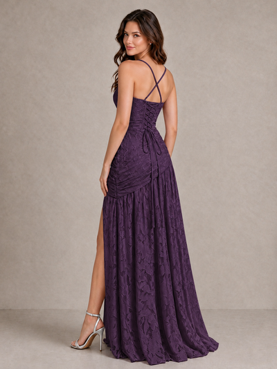 BOLODOO Plum Floral Jacquard Bridesmaid Dress with Square Neck, Lace-Up Back & High Slit - Plum - Plum_2