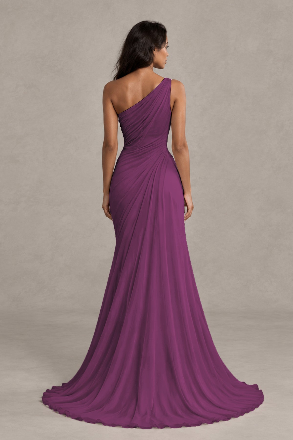 BOLODOO Plum One-Shoulder Floral Ruched Maxi Dress - Plum