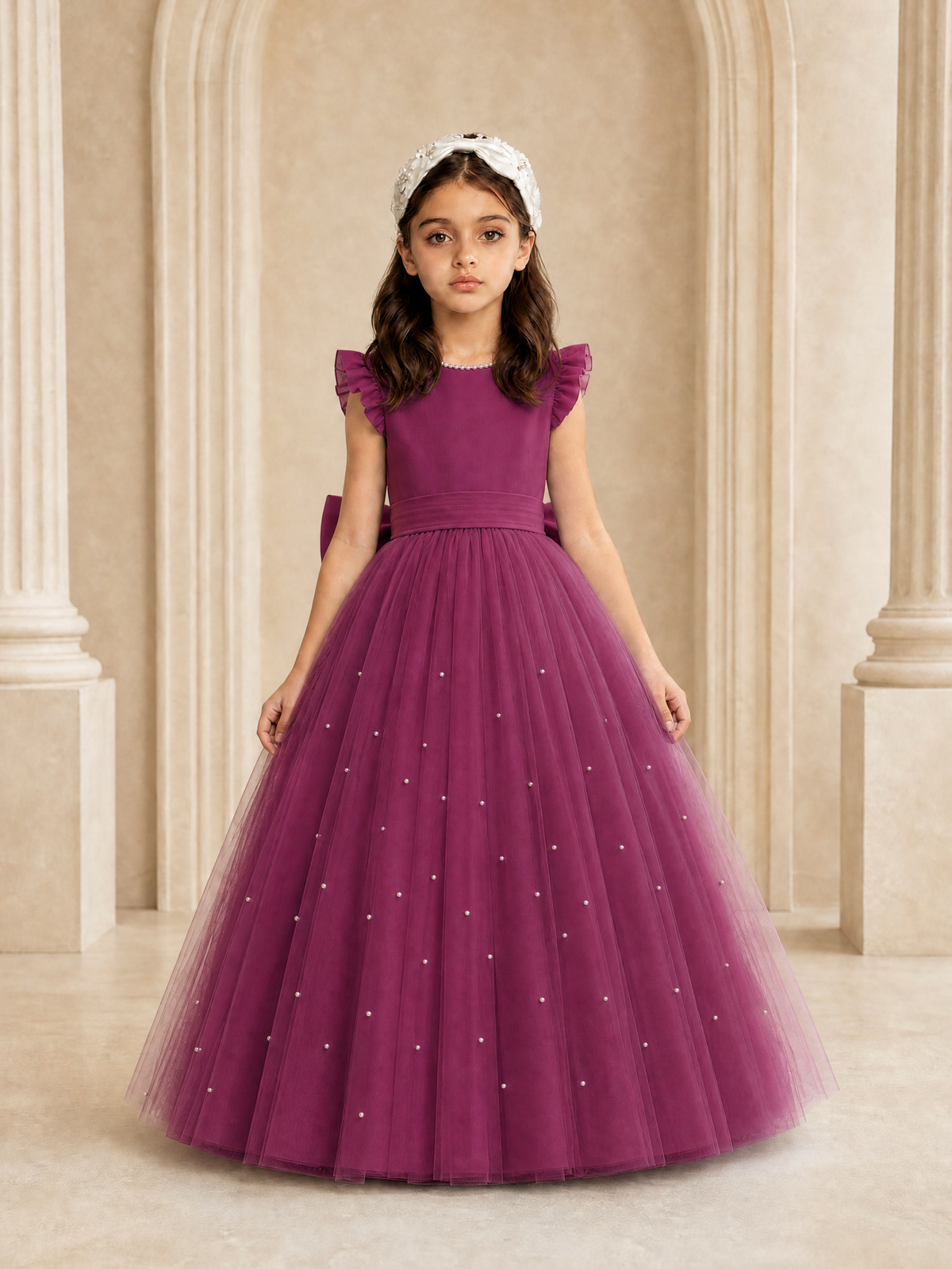 BOLODOO Plum Tulle Flower Girl Dress with Ruffle Sleeves & Bow Back - Plum - Plum_2