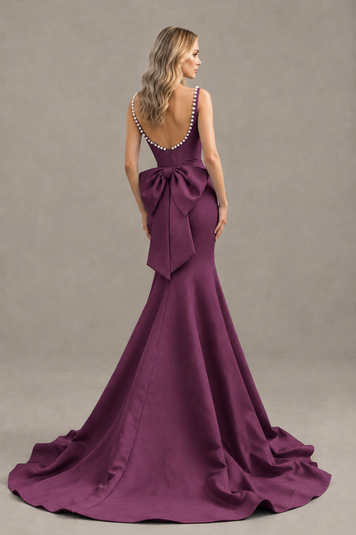 BOLODOO Plum Pearl-Trim Mermaid Prom Dress with Back Bow - Plum - Plum_2