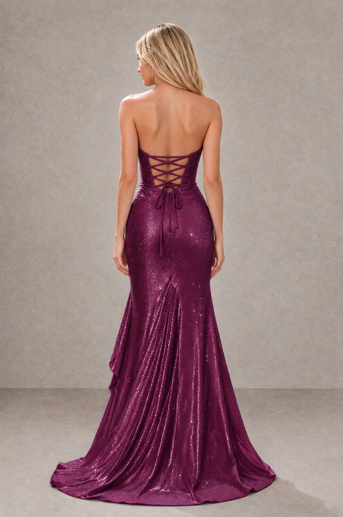 BOLODOO Plum Strapless Corset Mermaid Prom Dress with Ruffle Slit - Plum - Plum_2