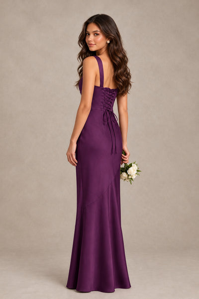 BOLODOO Plum Square Neck Ruched Satin Lace-Up Bridesmaid Dress - Plum - Plum_2