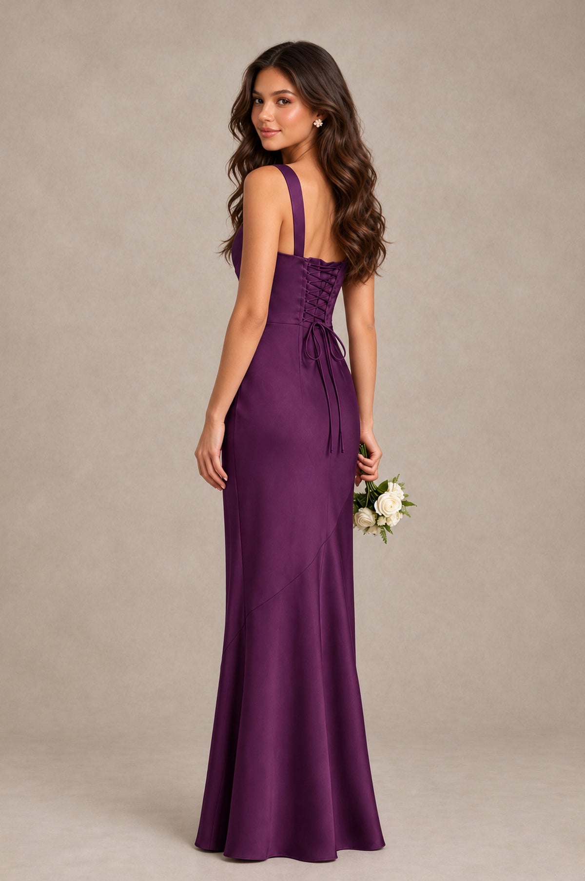BOLODOO Plum Square Neck Ruched Satin Lace-Up Bridesmaid Dress - Plum - Plum_2