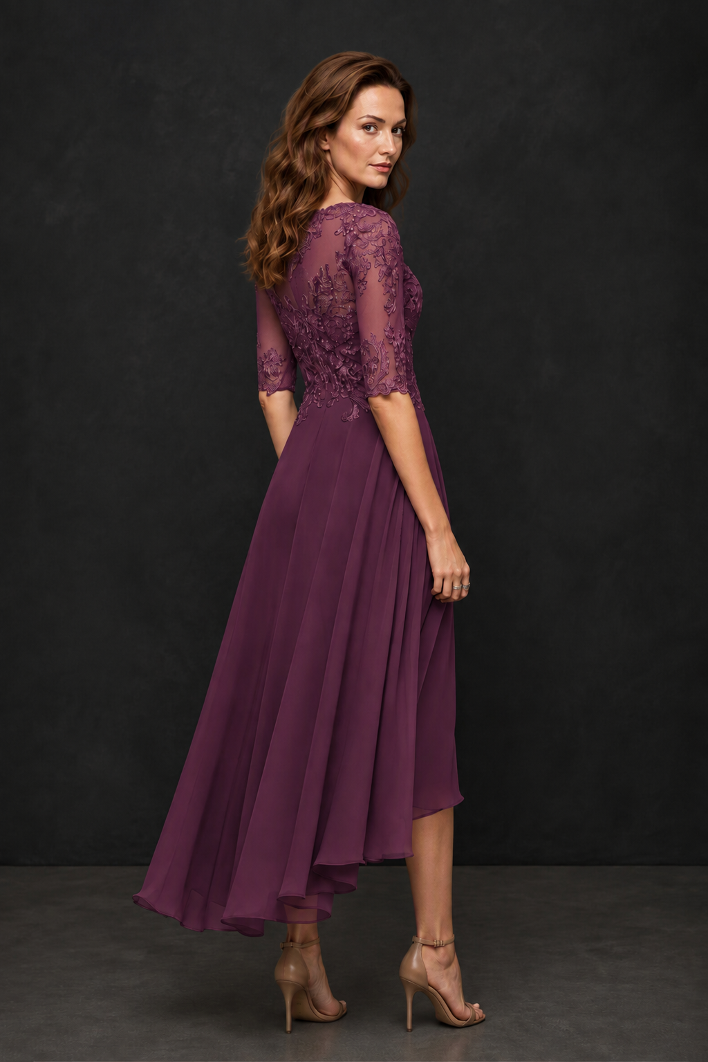 BOLODOO Plum Illusion Lace 3/4 Sleeve Hi-Lo Chiffon A-Line Dress | Mother of the Bride Tea Length Dress - Plum