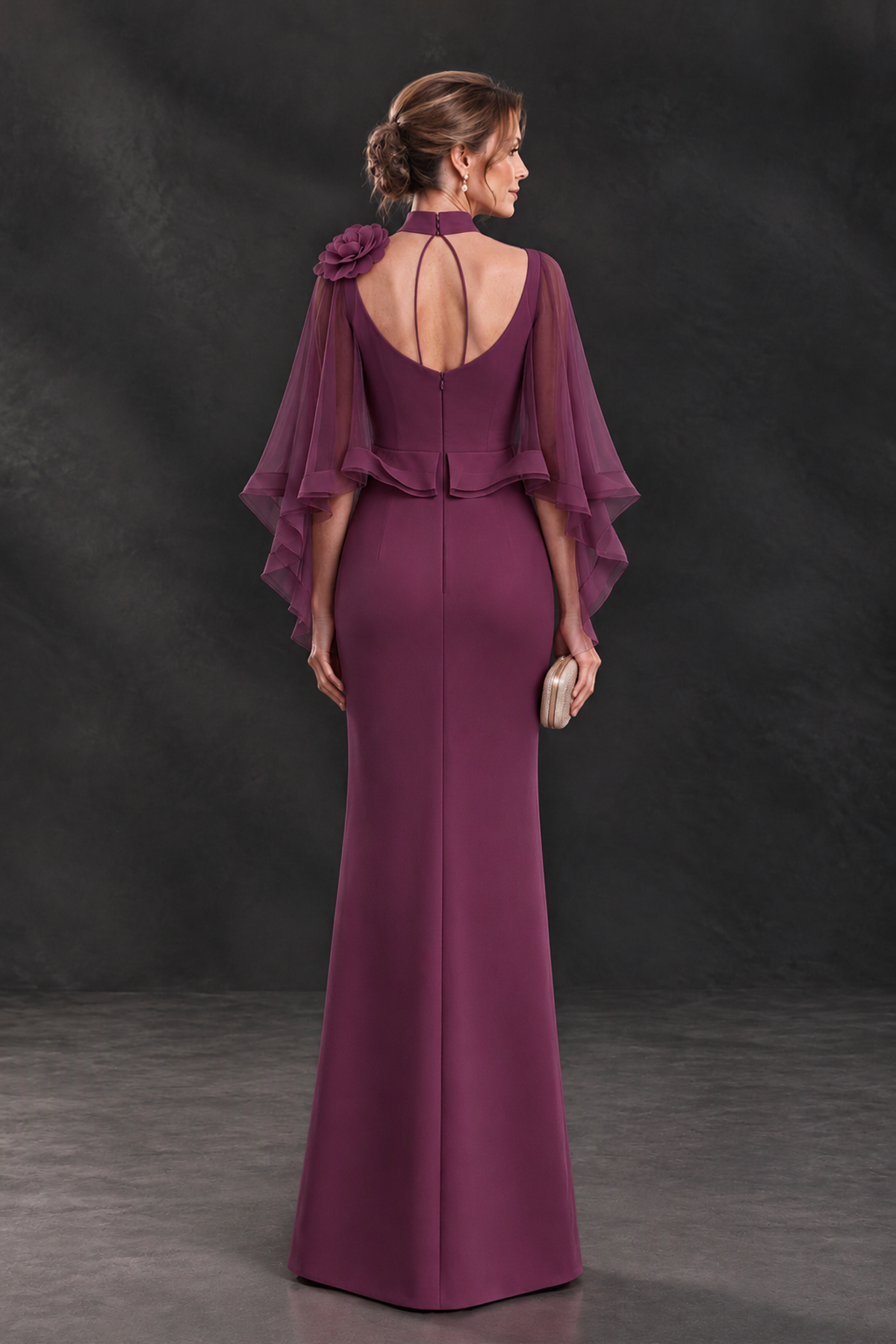 BOLODOO Plum Floral Cape Sleeve Mother of the Bride Dress - Plum - Plum_2