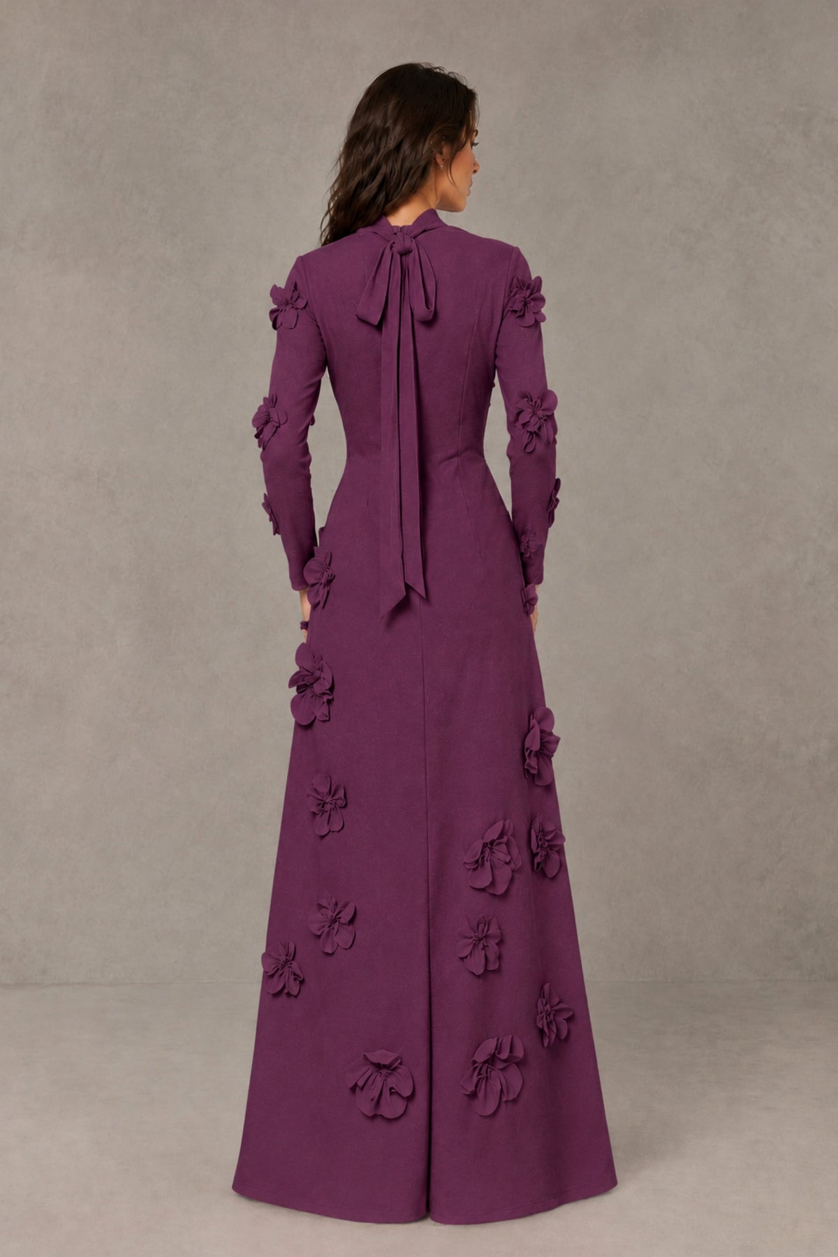 BOLODOO Plum High Neck Long Sleeve 3D Floral Evening Gown - Plum