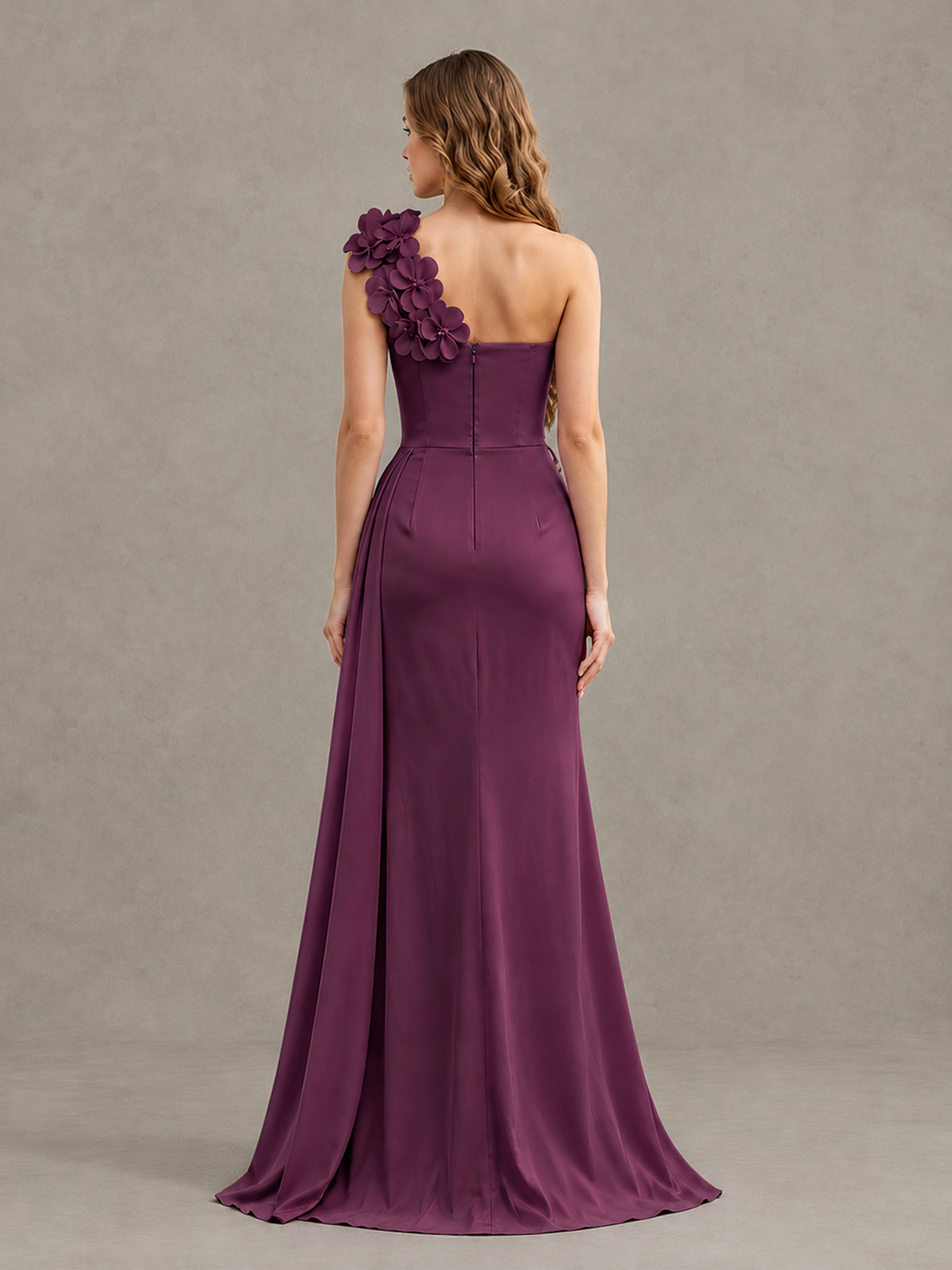 BOLODOO Plum One-Shoulder Satin Mermaid Evening Gown with 3D Floral Appliqué - Plum - Plum_2