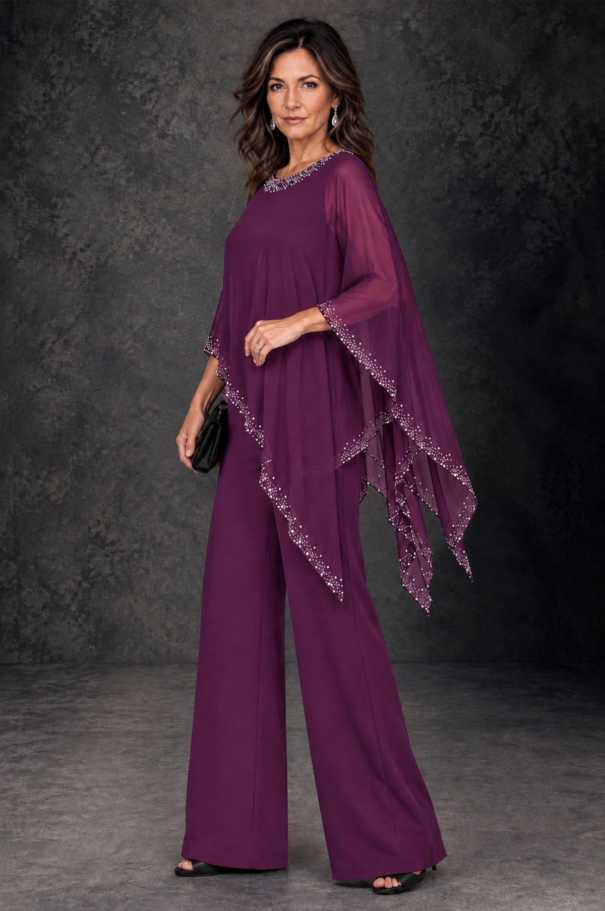 BOLODOO Plum Embellished Cape Mother of the Bride Pantsuit - Plum - Plum_2
