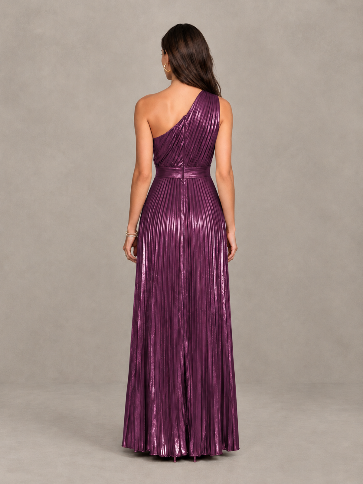 BOLODOO Plum One-Shoulder Metallic Pleated Wide-Leg Jumpsuit - Plum - Plum_2