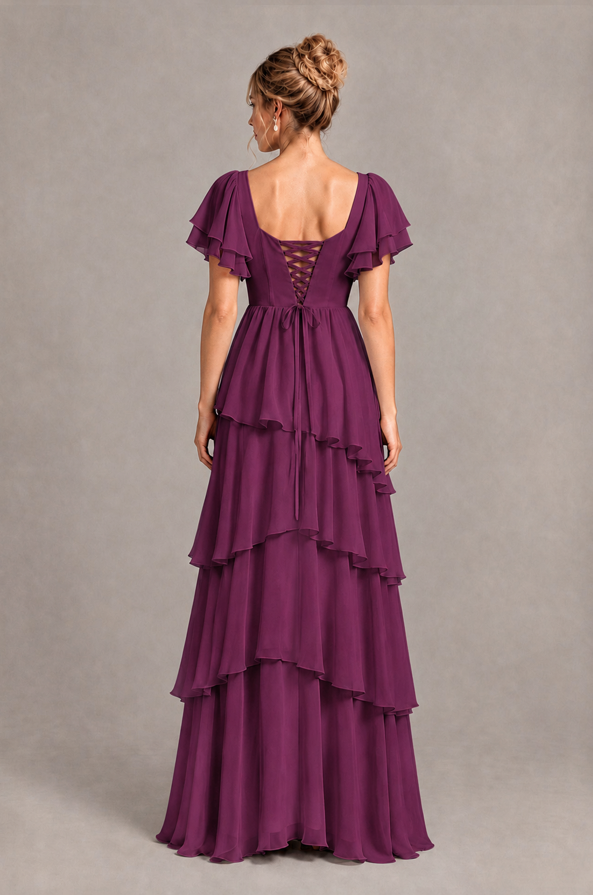 BOLODOO Plum Square Neck Flutter Sleeve Tiered Chiffon Bridesmaid Dress with Lace-Up Back - Plum - Plum_2