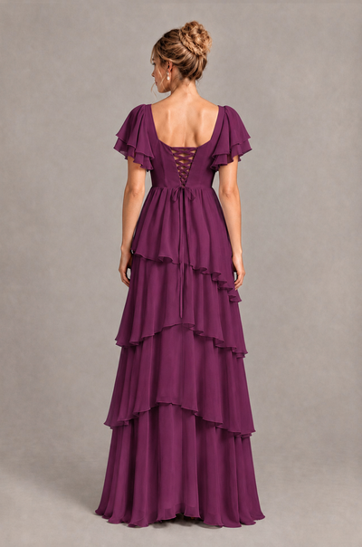 BOLODOO Plum Square Neck Flutter Sleeve Tiered Chiffon Bridesmaid Dress with Lace-Up Back - Plum - Plum_2