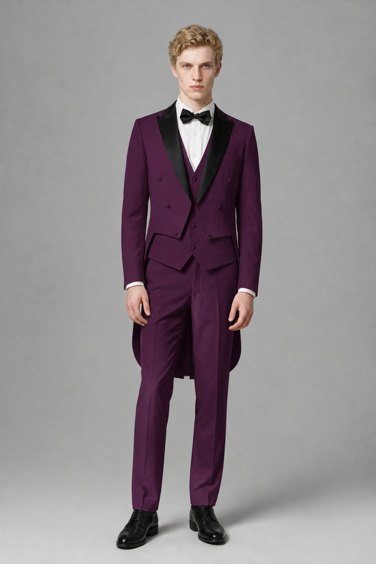 Bolodoo Men's Plum 3-Piece Tailcoat Tuxedo Suit with Vest & Trousers - Plum - Plum_2