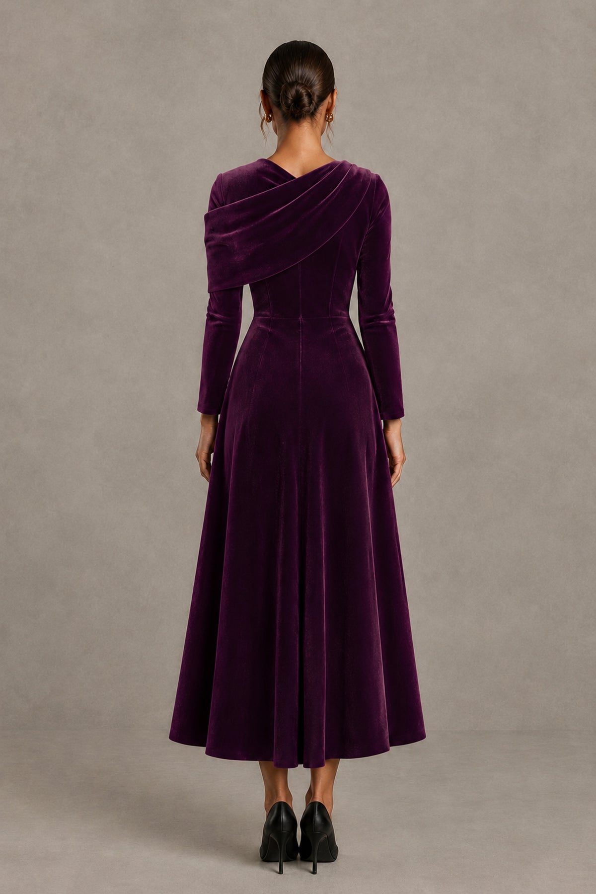 BOLODOO Plum Velvet-Look Long Sleeve Tea-Length A-Line Dress with Draped Neckline - Plum - Plum_2