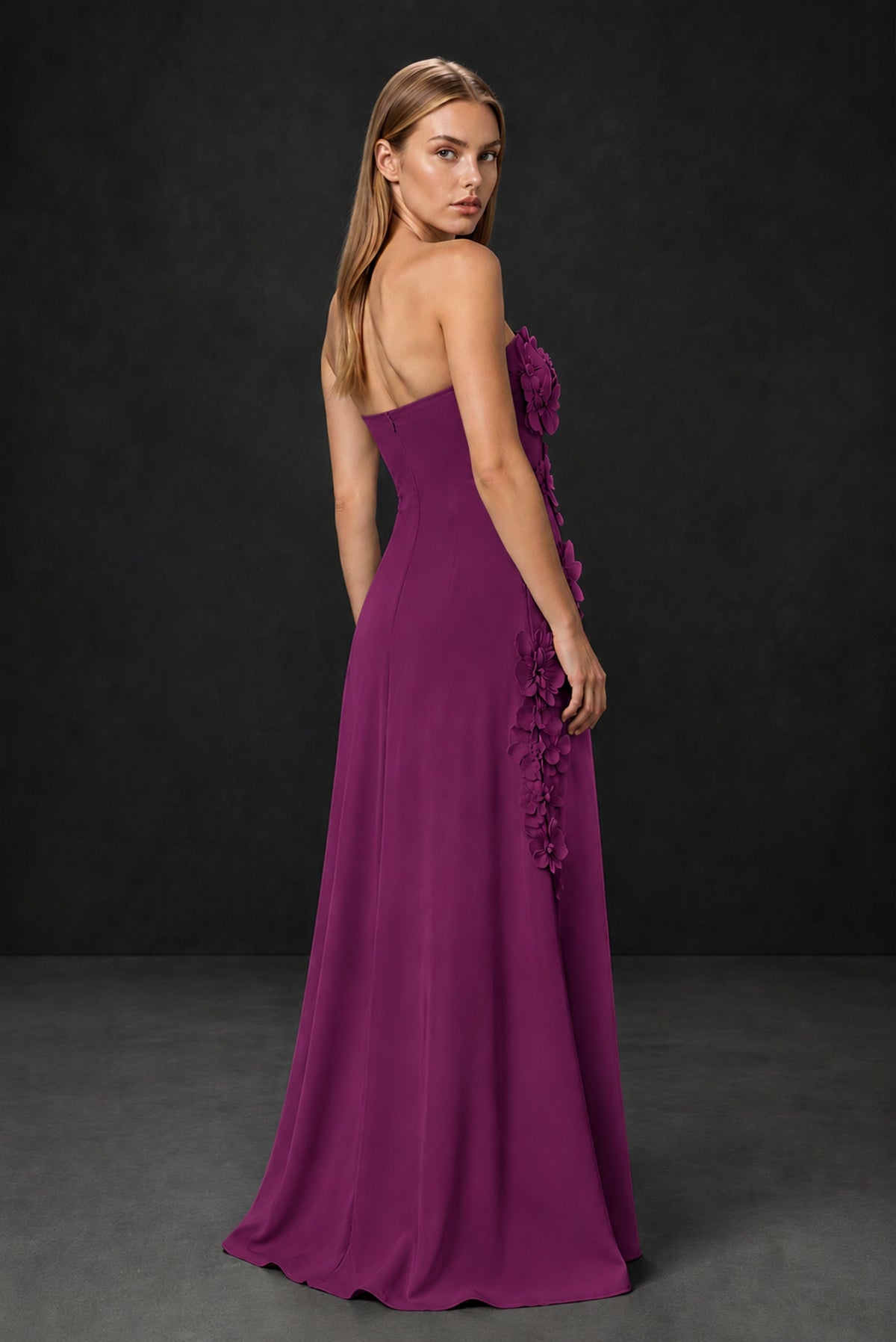 BOLODOO Plum Strapless 3D Floral Appliqué Crepe Maxi Gown - Plum