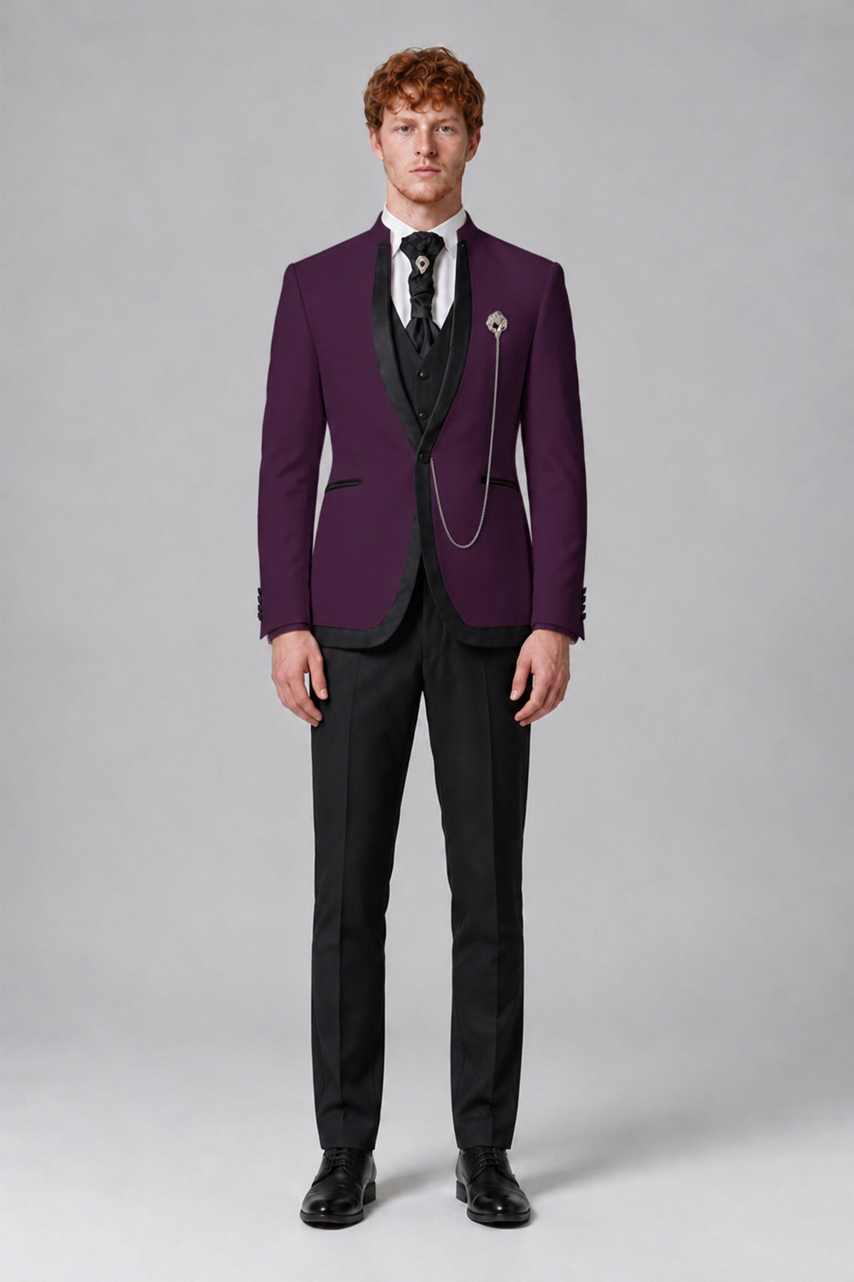 Bolodoo Men's Plum 3-Piece Shawl Lapel Tuxedo Suit with Vest - Plum - Plum_2