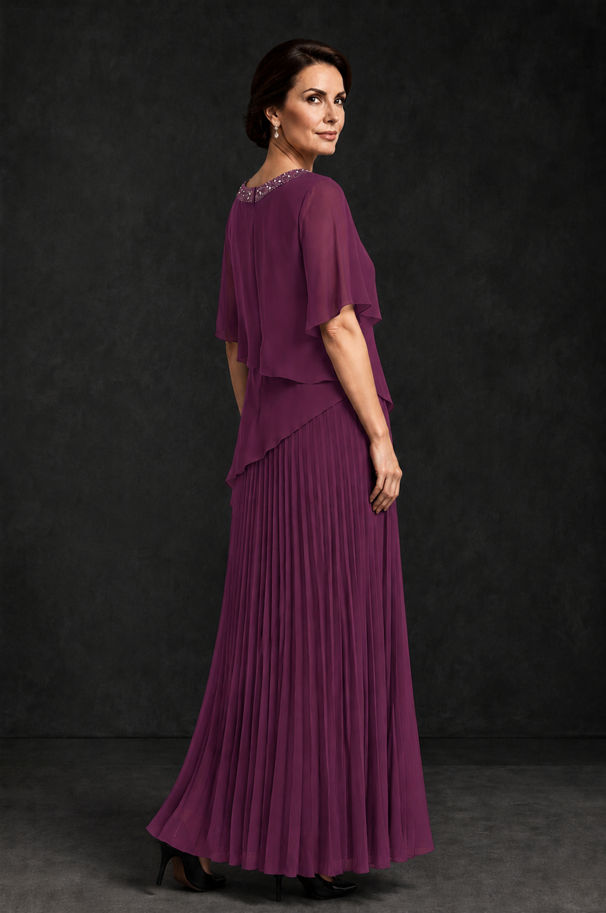 BOLODOO Plum Pearl Beaded Neck Asymmetric Tiered Flutter Sleeve Pleated Chiffon Maxi Dress - Plum - Plum_2