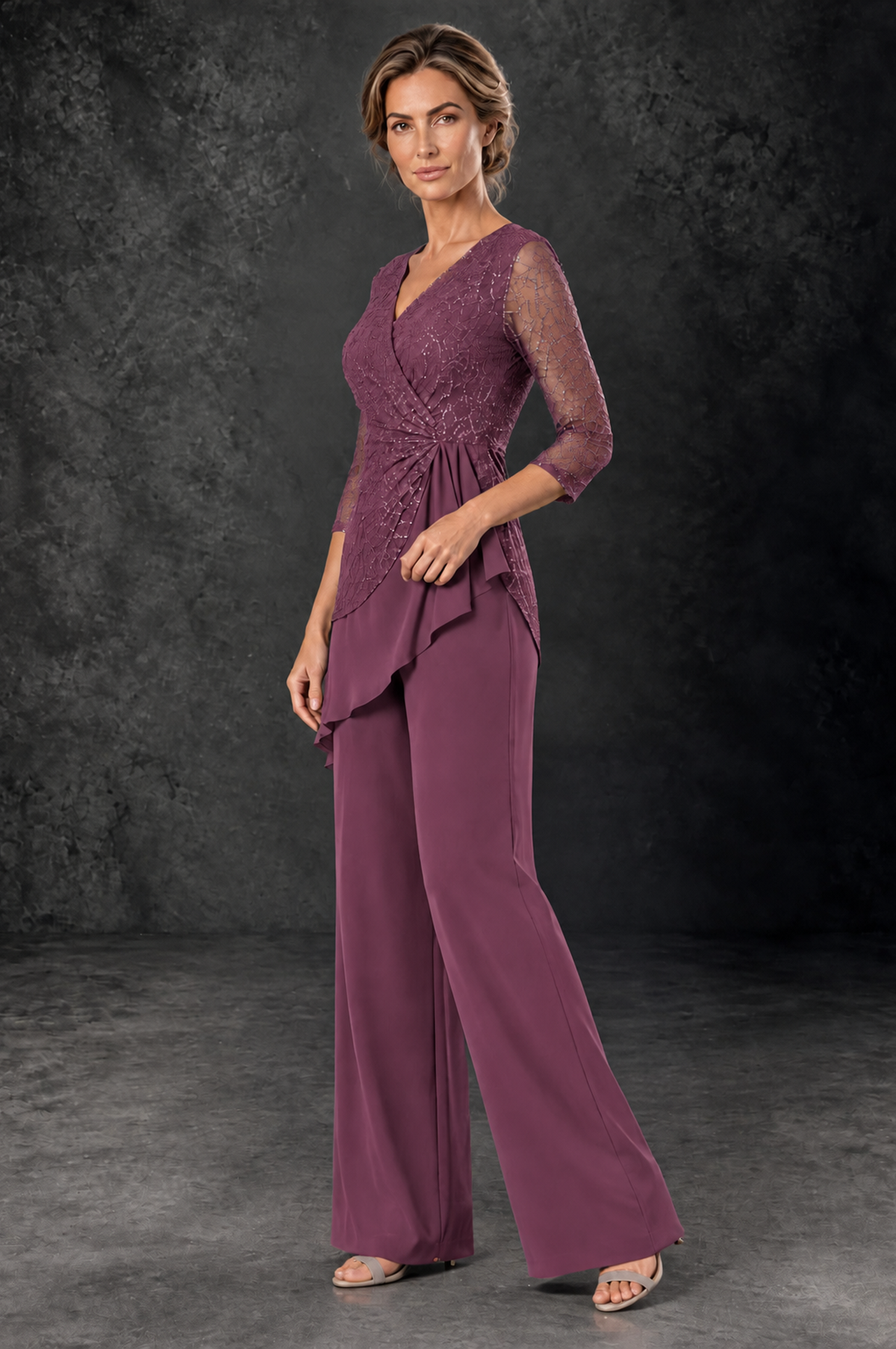 BOLODOO Plum Sequin Lace 3/4 Sleeve Chiffon Mother of the Bride Pant Suit - Plum - Plum_2