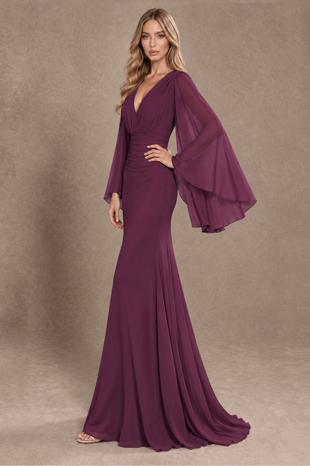 BOLODOO Plum Cape Sleeve V-Neck Ruched Chiffon Evening Dress - Plum - Plum_2