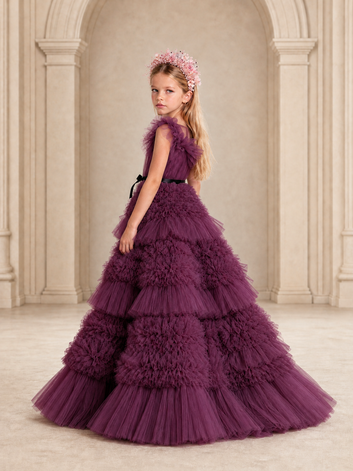 BOLODOO Plum Tiered Tulle Flower Girl Dress with Floral Appliques - Plum - Plum_2