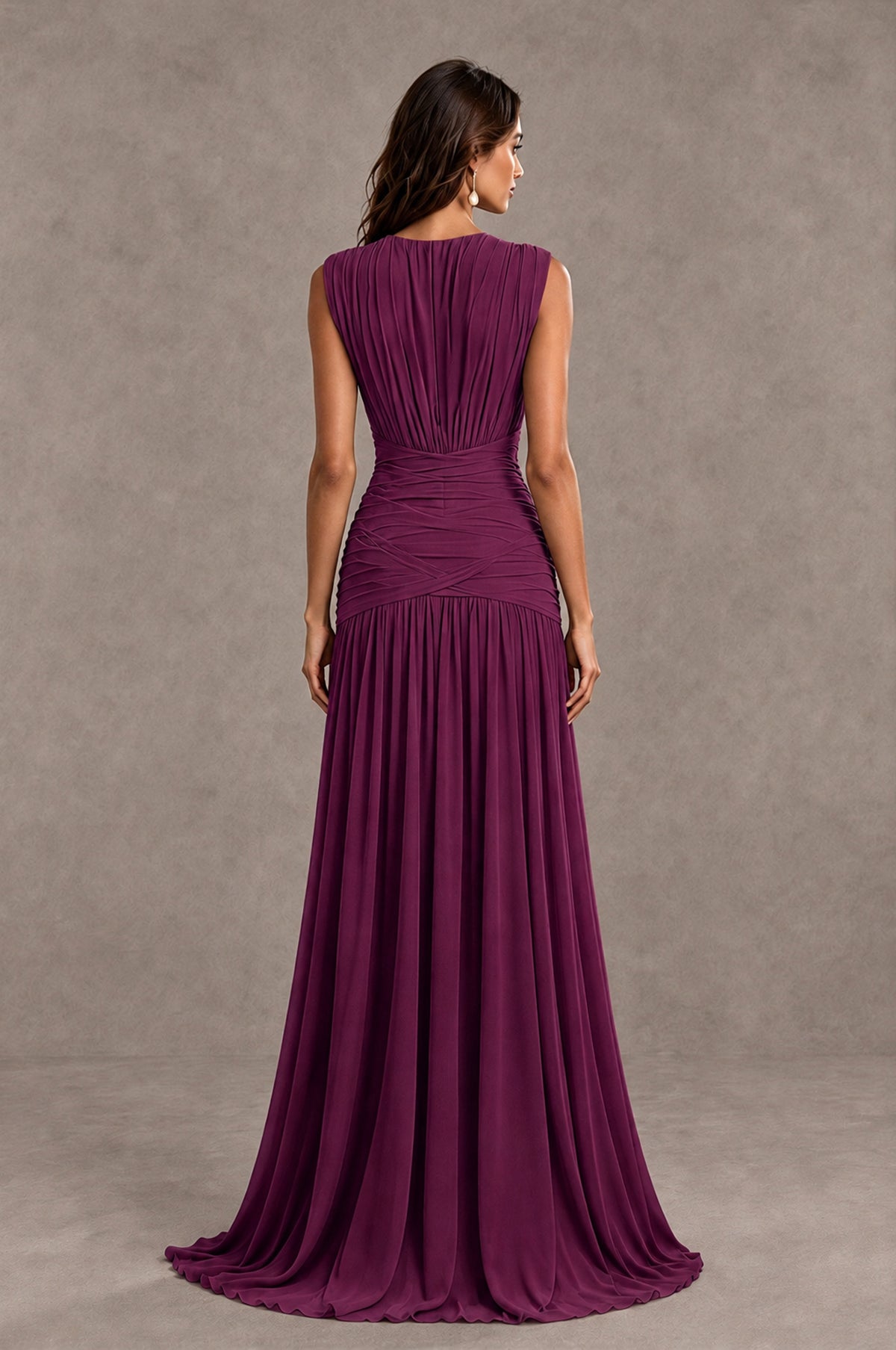 BOLODOO Plum V-Neck Ruched Wedding Guest Dress - Plum - Plum_2