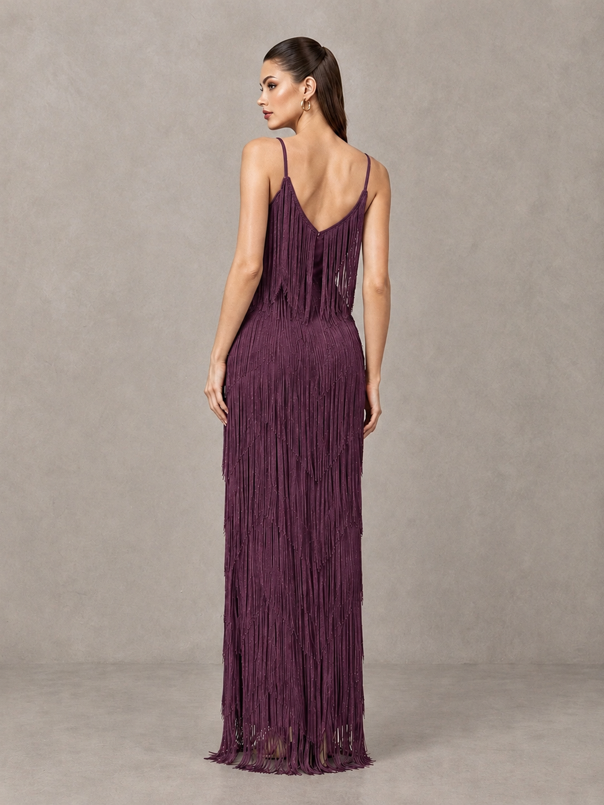 BOLODOO Plum V-Neck Spaghetti Strap Fringe Maxi Evening Dress - Plum - Plum_2